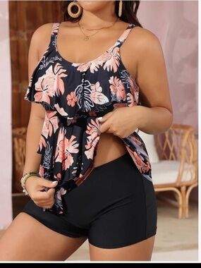 Two piece bathing suit tankini ruffle top with high waisted boys shorts